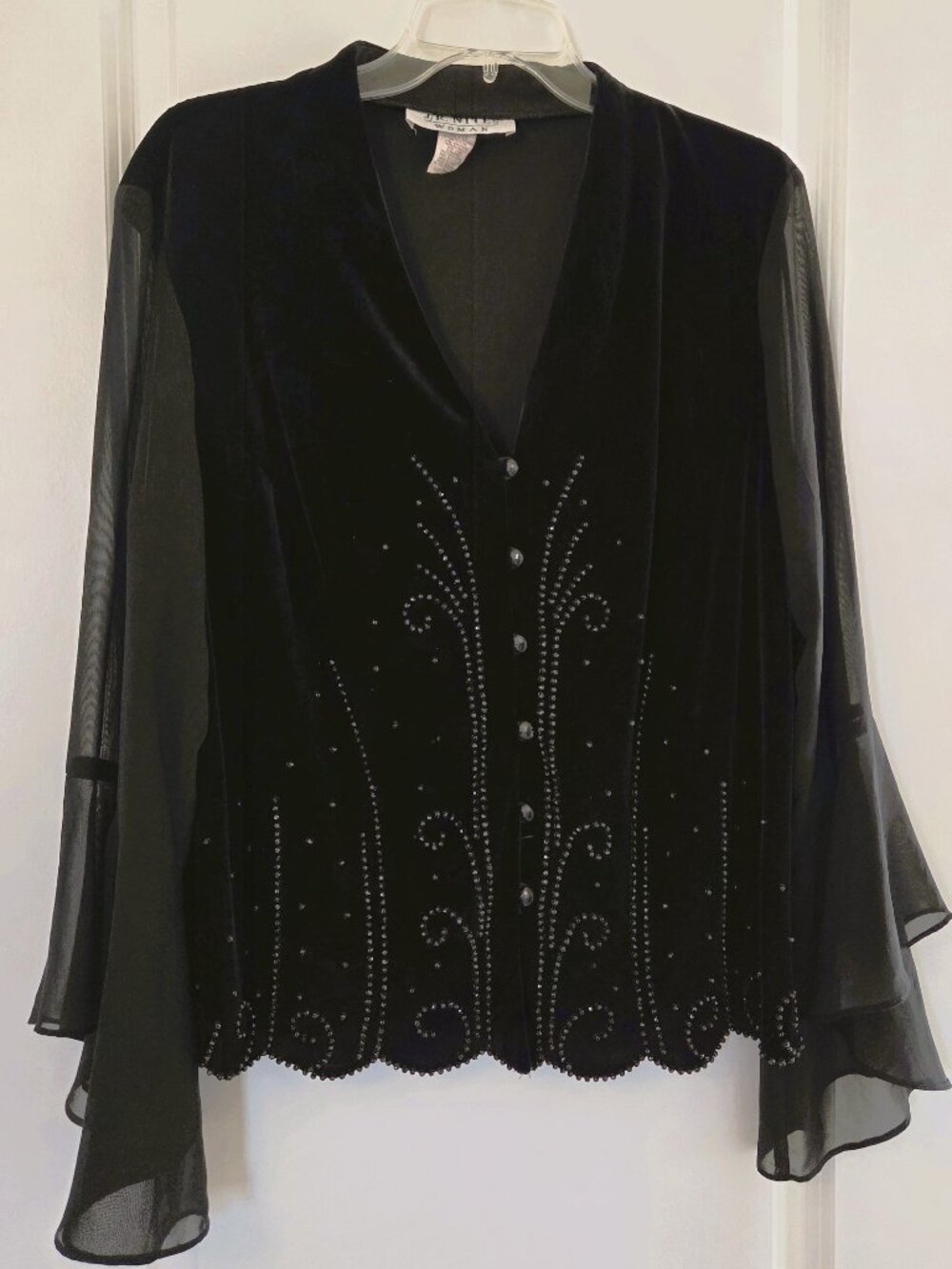 J.R. Nites Black Velvet Beaded Bell Sleeve Top size 18